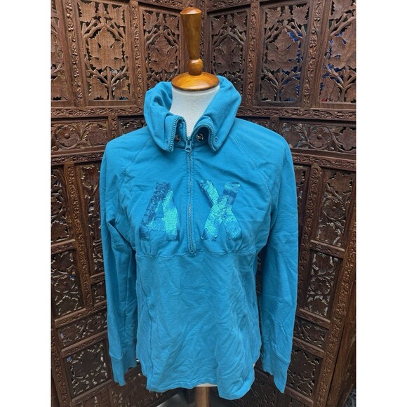 ARMANI ECHANGE XL Sweatshirt Shirt Top Bling 1/4 Zip teal Blue - Picture 3 of 9